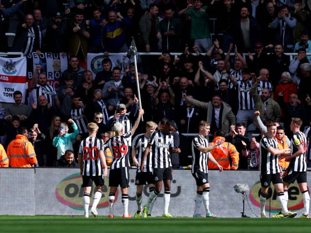 Bruno Guimaraes of Newcastle United celebrates scoring his team's second goal with teammates during the Premier League match between Newcastle United and Sheffield United at St. James Park on April 27, 2024 in Newcastle upon Tyne, England. (Photo by Ian MacNicol/Getty Images)