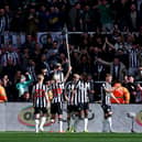 Bruno Guimaraes of Newcastle United celebrates scoring his team's second goal with teammates during the Premier League match between Newcastle United and Sheffield United at St. James Park on April 27, 2024 in Newcastle upon Tyne, England. (Photo by Ian MacNicol/Getty Images)