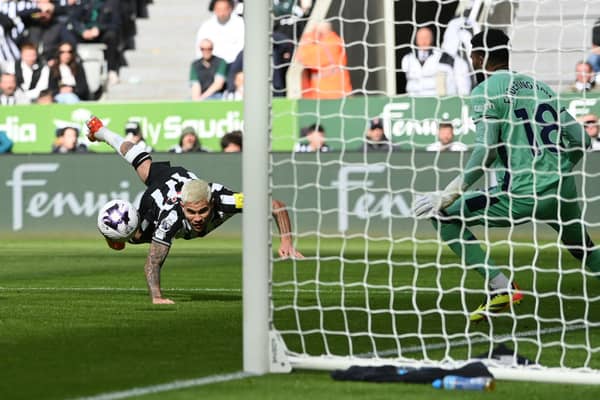 Bruno Guimaraes scored with a diving header to put Newcastle United in front.