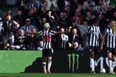 Bruno Guimaraes of Newcastle United celebrates scoring his team's second goal with the fans during the Premier League match between Newcastle United and Sheffield United at St. James Park on April 27, 2024 in Newcastle upon Tyne, England.