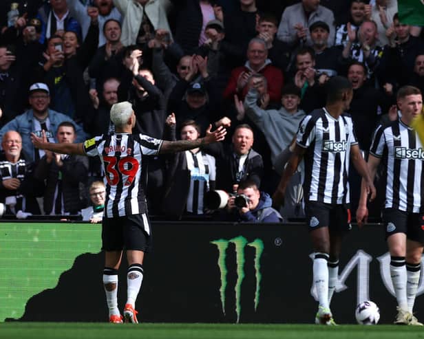 Bruno Guimaraes of Newcastle United celebrates scoring his team's second goal with the fans during the Premier League match between Newcastle United and Sheffield United at St. James Park on April 27, 2024 in Newcastle upon Tyne, England.