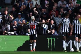 Bruno Guimaraes of Newcastle United celebrates scoring his team's second goal with the fans during the Premier League match between Newcastle United and Sheffield United at St. James Park on April 27, 2024 in Newcastle upon Tyne, England. 