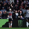 Bruno Guimaraes of Newcastle United celebrates scoring his team's second goal with the fans during the Premier League match between Newcastle United and Sheffield United at St. James Park on April 27, 2024 in Newcastle upon Tyne, England. 