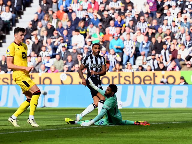 Callum Wilson of Newcastle United scores his team's fifth goal past Wes Foderingham of Sheffield United during the Premier League match between Newcastle United and Sheffield United at St. James Park on April 27, 2024 in Newcastle upon Tyne, England.