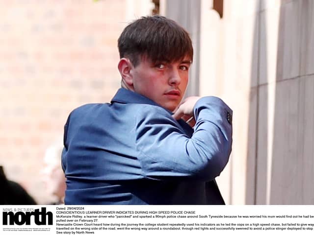 McKenzie Ridley, a learner driver who "panicked" and sparked a 90mph police chase around South Tyneside because he was worried his mum would find out he had been pulled over on February 27.