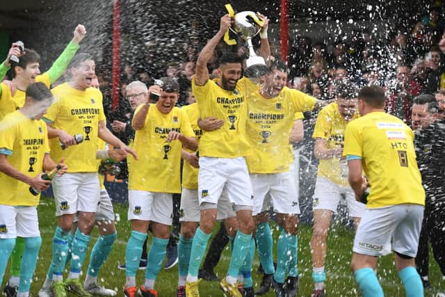 Hebburn Town celebrate their Northern Premier League East title win (photo Tyler Lopes)