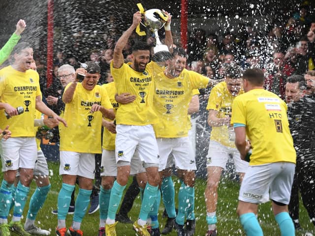 Hebburn Town celebrate their Northern Premier League East title win (photo Tyler Lopes)