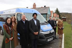 The bus has been made possible thanks to the support of local businesses. L-R Michelle Kindleysides, Beamish’s Head of Health and Wellbeing, Beth Marsden, Beamish’s Health & Support Worker, Jamie Martin of Ward Hadaway,
Gurpreet Jagpal of Durham Group, Mark Stephenson of Stephenson-Mohl, Andrew Scott of Stanley Travel and Liz Peart, Partnerships Officer at Beamish.