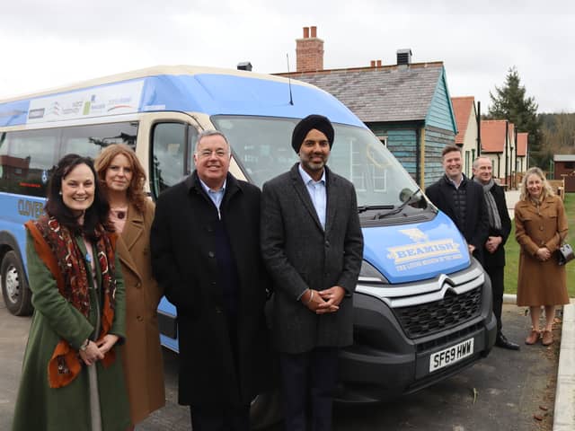 The bus has been made possible thanks to the support of local businesses. L-R Michelle Kindleysides, Beamish’s Head of Health and Wellbeing, Beth Marsden, Beamish’s Health & Support Worker, Jamie Martin of Ward Hadaway,
Gurpreet Jagpal of Durham Group, Mark Stephenson of Stephenson-Mohl, Andrew Scott of Stanley Travel and Liz Peart, Partnerships Officer at Beamish.