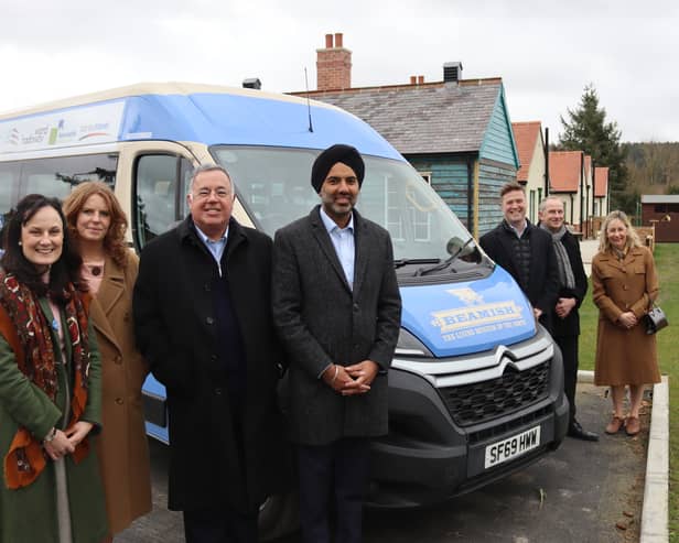 The bus has been made possible thanks to the support of local businesses. L-R Michelle Kindleysides, Beamish’s Head of Health and Wellbeing, Beth Marsden, Beamish’s Health & Support Worker, Jamie Martin of Ward Hadaway,
Gurpreet Jagpal of Durham Group, Mark Stephenson of Stephenson-Mohl, Andrew Scott of Stanley Travel and Liz Peart, Partnerships Officer at Beamish.
