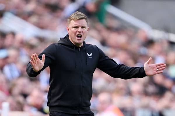 Eddie Howe, Manager of Newcastle United, reacts during the Premier League match between Newcastle United and Brighton & Hove Albion at St. James Park on May 11, 2024 in Newcastle upon Tyne, England. (Photo by Stu Forster/Getty Images)