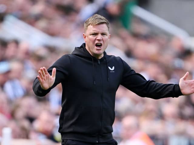 Eddie Howe, Manager of Newcastle United, reacts during the Premier League match between Newcastle United and Brighton & Hove Albion at St. James Park on May 11, 2024 in Newcastle upon Tyne, England. (Photo by Stu Forster/Getty Images)