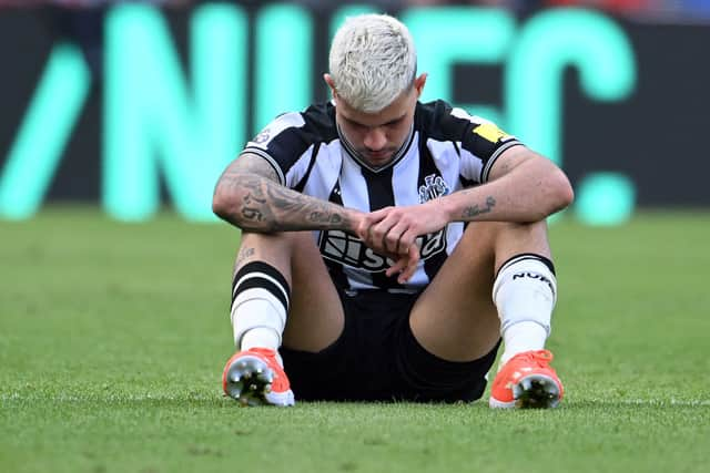 Bruno Guimaraes of Newcastle United reacts after the Premier League match between Newcastle United and Brighton & Hove Albion at St. James Park on May 11, 2024 in Newcastle upon Tyne, England.