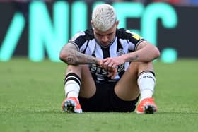 Bruno Guimaraes of Newcastle United reacts after the Premier League match between Newcastle United and Brighton & Hove Albion at St. James Park on May 11, 2024 in Newcastle upon Tyne, England.