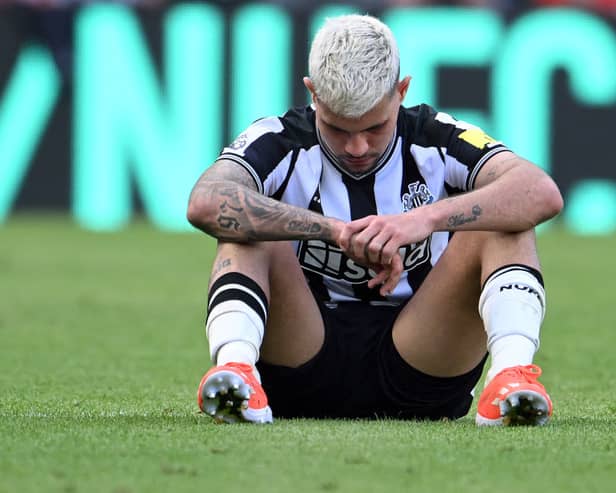 Bruno Guimaraes of Newcastle United reacts after the Premier League match between Newcastle United and Brighton & Hove Albion at St. James Park on May 11, 2024 in Newcastle upon Tyne, England.