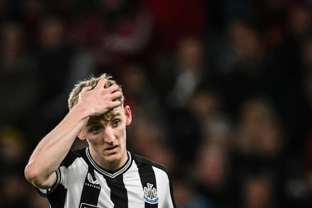Newcastle United's Anthony Gordon. Gordon was denied a penalty after a tackle from Sofyan Amrabat.