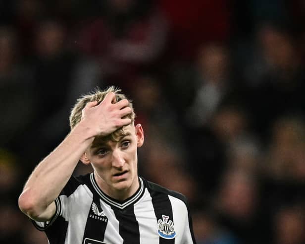 Newcastle United's Anthony Gordon. Gordon was denied a penalty after a tackle from Sofyan Amrabat.