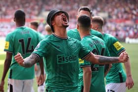 Bruno Guimaraes of Newcastle United celebrates scoring his team's fourth goal during the Premier League match between Brentford FC and Newcastle United at Brentford Community Stadium on May 19, 2024 in Brentford, England. (Photo by Richard Heathcote/Getty Images)