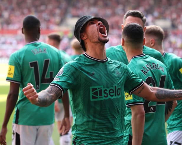 Bruno Guimaraes of Newcastle United celebrates scoring his team's fourth goal during the Premier League match between Brentford FC and Newcastle United at Brentford Community Stadium on May 19, 2024 in Brentford, England. (Photo by Richard Heathcote/Getty Images)