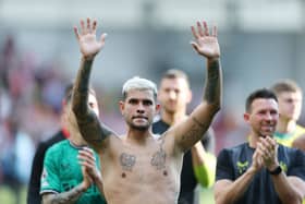 Bruno Guimaraes of Newcastle United reacts after the Premier League match between Brentford FC and Newcastle United at Brentford Community Stadium on May 19, 2024 in Brentford, England. (Photo by Richard Heathcote/Getty Images)