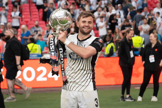 Gateshead midfielder Regan Booty celebrates his side's FA Trophy Final win against Solihull Moors (photo Ryan McDermott/The Media HQ)