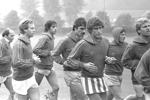 Pictured during a run in Durham in 1980 are Sunderland's newly promoted team including (left to right) Bryan Robson, Steve Whitworth, Ian Watson, Sam Allardyce, Rob Hindmarch, Colin Crawford, Alan Brown.
