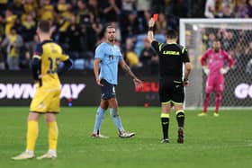 Jack Rodwell of Sydney FC receives a red card during the A-League play-off match between Sydney FC and Central Coast Mariners at Allianz Stadium. (Photo by Cameron Spencer/Getty Images)