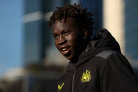 Garang Kuol of Newcastle United F.C. arrives during a Newcastle Utd & A-League All Stars Men Media Opportunity at Sandridge Bridge on May 22, 2024 in Melbourne, Australia. (Photo by Kelly Defina/Getty Images)