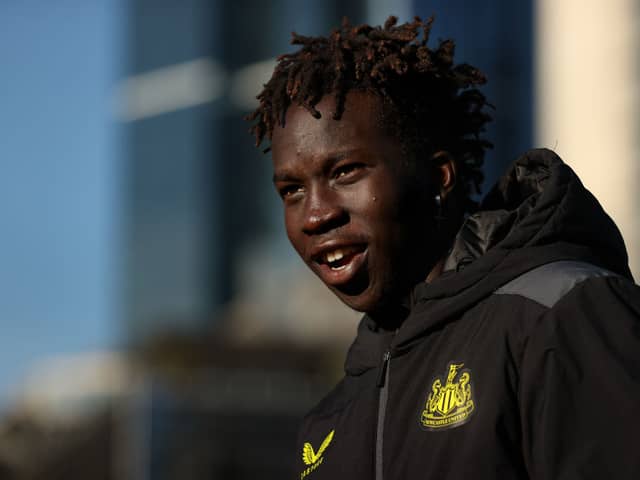 Garang Kuol of Newcastle United F.C. arrives during a Newcastle Utd & A-League All Stars Men Media Opportunity at Sandridge Bridge on May 22, 2024 in Melbourne, Australia. (Photo by Kelly Defina/Getty Images)