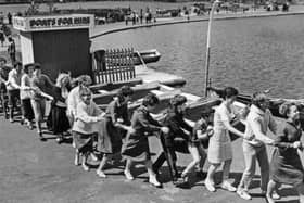 Staff of Woolworths store in South Shields conga their way round the South Marine Park lake for Sport Relief in May 1986. Did you take part? 