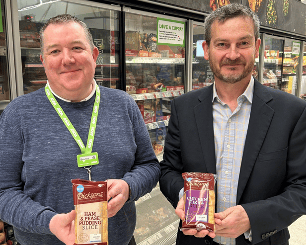 Graeme Hawksfield, operations manager at Asda Gateshead (left), with Regis Lecouturier, commercial manager at Dicksons. The new individual Dicksons slices will be sold at 38 Asda stores across the North East. Photo: Other 3rd Party.