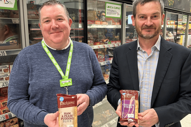 Graeme Hawksfield, operations manager at Asda Gateshead (left), with Regis Lecouturier, commercial manager at Dicksons. The new individual Dicksons slices will be sold at 38 Asda stores across the North East. Photo: Other 3rd Party.