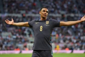 Trent Alexander-Arnold of England celebrates scoring his team's second goal during the international friendly match between England and Bosnia & Herzegovina at St James' Park on June 03, 2024 in Newcastle upon Tyne, England. (Photo by Justin Setterfield/Getty Images)