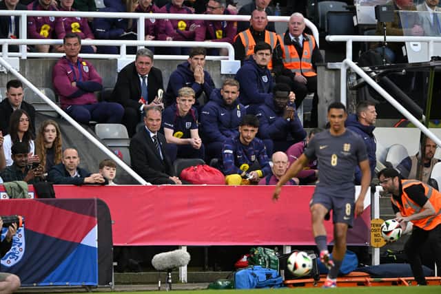 Anthony Gordon, Luke Shaw, Harry Maguire and John Stones of England look on during the international friendly match between England and Bosnia & Herzegovina at St James' Park on June 03, 2024 in Newcastle upon Tyne, England. (Photo by Stu Forster/Getty Images)