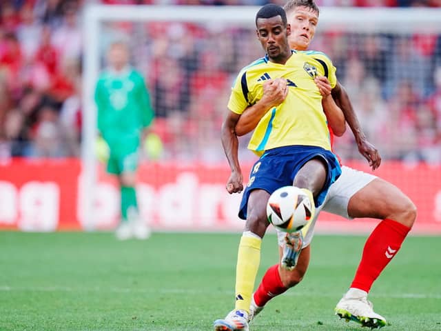 Sweden's forward Alexander Isak and Denmark's defender Jannik Vestergaard vie for the ball during the friendly football match Denmark against Sweden in Copenhagen on June 5, 2024. (Photo by Liselotte Sabroe / Ritzau Scanpix / AFP) / Denmark OUT (Photo by LISELOTTE SABROE/Ritzau Scanpix/AFP via Getty Images)