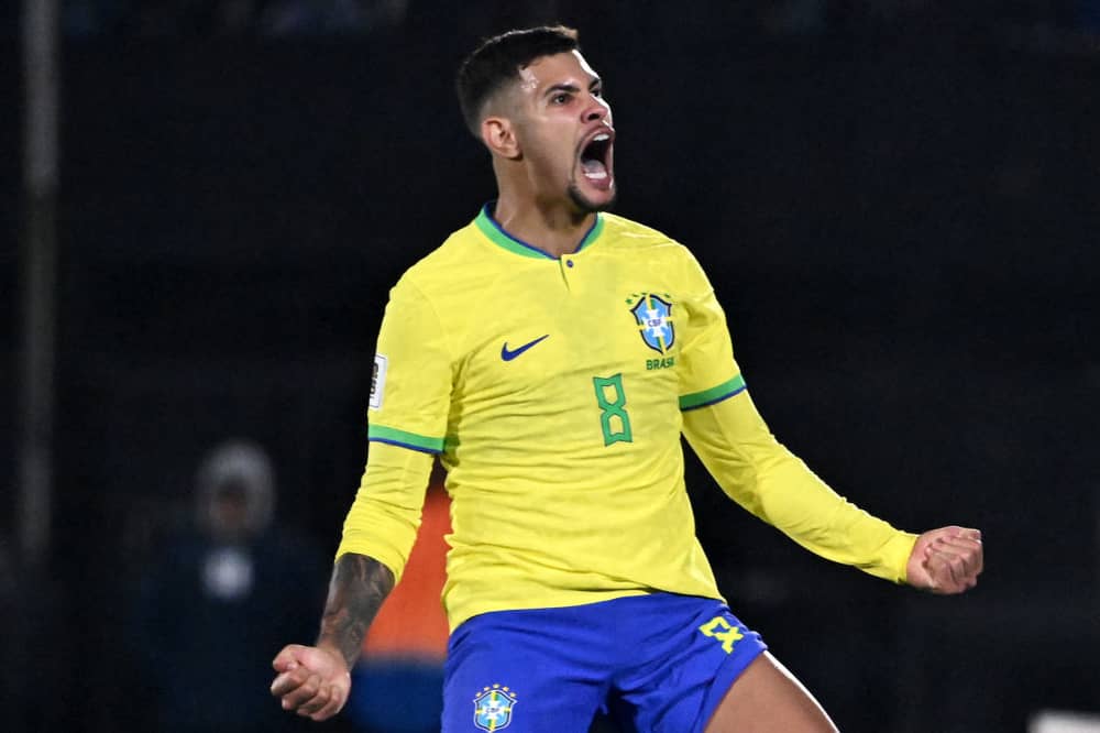 Newcastle United midfielder Bruno Guimaraes in action for Brazil.