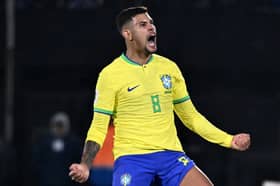 Newcastle United midfielder Bruno Guimaraes in action for Brazil.