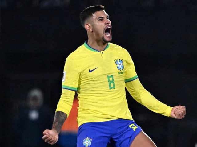 Newcastle United midfielder Bruno Guimaraes in action for Brazil.