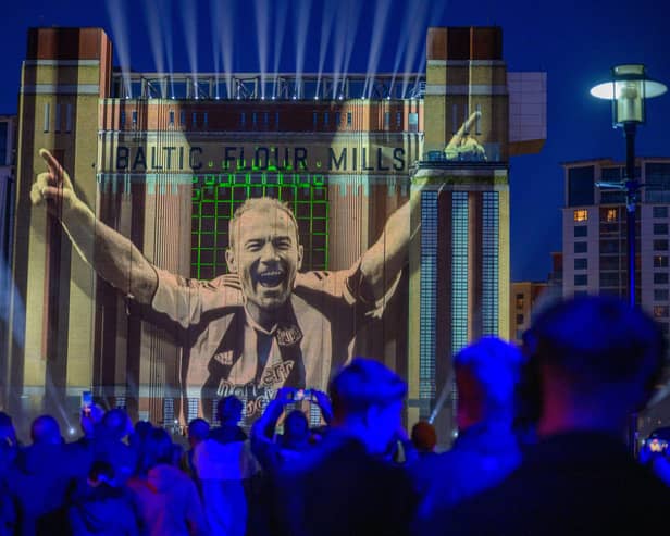 A view of a 3D projection entitled We Are One by Sela, sponsors of Newcastle United, at Baltic Flour Mill in Newcastle on the eve of the historic âBlaydon Racesâ. Picture date: Saturday June 8, 2024. PA Photo. The show also marks the one-year anniversary of Selaâs sponsorship of the club. Club legends Alan Shearer, Jackie Milburn and Sir Bobby Robson featured during the show. Photo credit: Sandy Young/PA Media Assignments