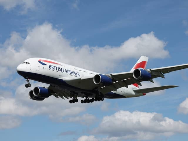 A British Airways Airbus-A380-841 comes in to land at Heathrow Airport in April 2024.