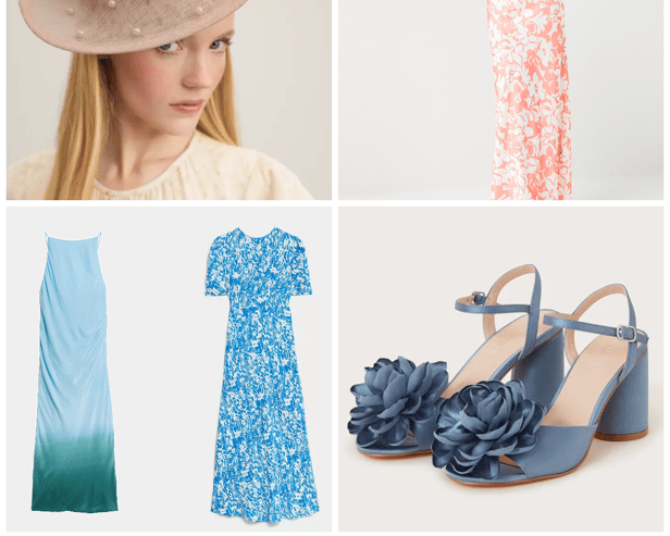(From top left clockwise) Fascinator from LK Bennett; dress from Very; heels from Monsoon and dresses from Marks and Spencer