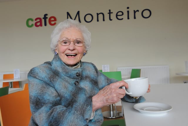 Doreen Monterio enjoys a cuppa in the cafe named after her at Age UK South Tyneside's Dora Dixon House on Beach Road in 2016.