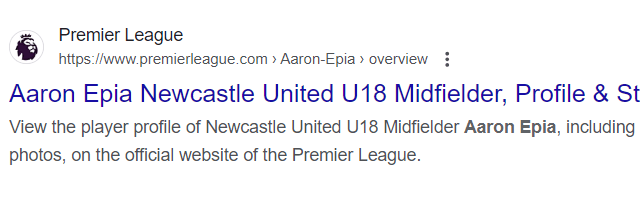 Aaron Epia listed as a Newcastle United player via the Premier League website.