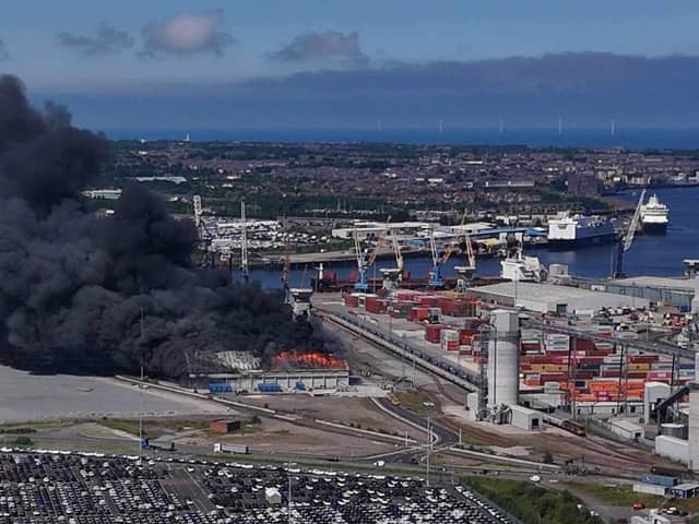 The flames appear to be engulfing a Port of Tyne warehouse.