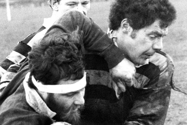 Players from Jarrovians battle it out with Wallsend in a 1981 rugby match