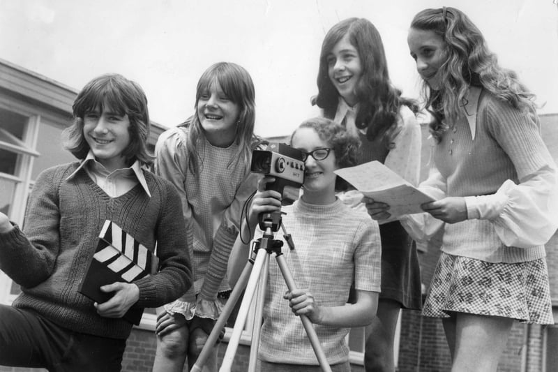 Redwell amateur film-makers in the spotlight in 1974 were left to right: Peter Cooper, Vivienne Foster, Janette Lowdon, Susan Short, and Carol Gardner. But who can tell us more about this scene?