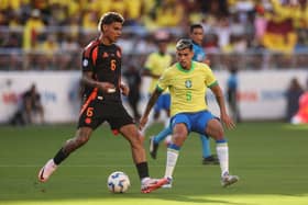 Bruno Guimaraes of Brazil defends against Richard Rios of Colombia during the CONMEBOL Copa America 2024 Group D match between Brazil and Colombia at Levi's Stadium on July 02, 2024 in Santa Clara, California. (Photo by Ezra Shaw/Getty Images)
