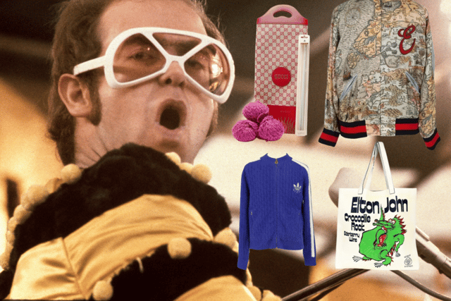 Elton John is auctioning off some of his and his friend's personal wardrobe to raise money for the Elton John AIDS Foundation - including some very rare Gucci items (Credit: Getty/Elton John AIDS Foundation/Matchfire)