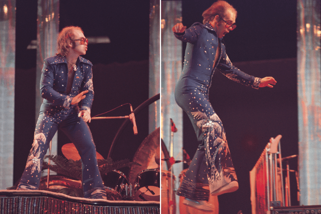 Elton John during his 1975 "Captain Fantastic" tour. The blue jumpsuit and cap he wore during this tour remains to this day the most expensive piece of Elton John memorabilia sold at auction (Credit: Getty Images)