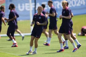 England's defender #12 Kieran Trippier and England's forward #18 Anthony Gordon take part in a MD-1 training session at the team's base camp, the Weimarer Land golf resort, near Blankenhain, on July 9, 2024, ahead of their UEFA Euro 2024 football match against Netherlands. (Photo by Adrian DENNIS / AFP) (Photo by ADRIAN DENNIS/AFP via Getty Images)